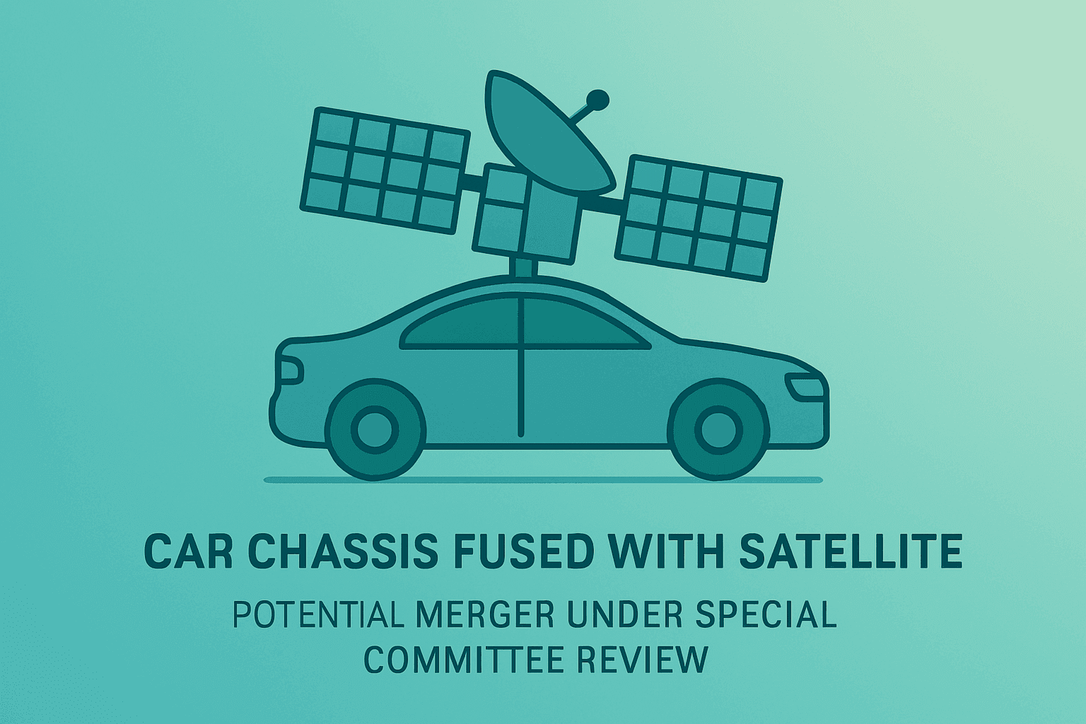Flat-vector car chassis fused with a satellite module to symbolize Tesla SpaceX merger under special committee review.