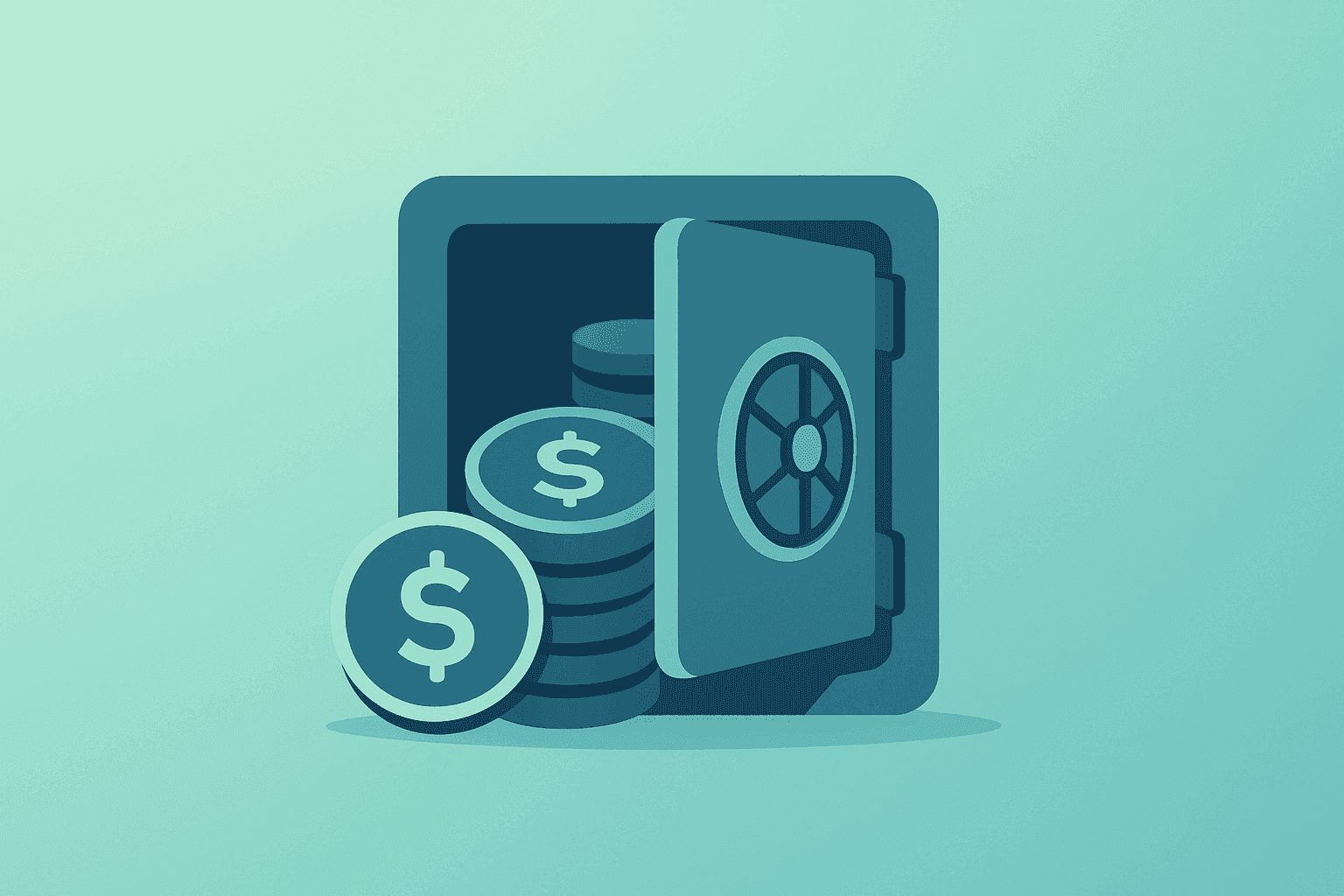 Flat vector of a bank vault merging with a stack of share tokens to reflect HSBC earnings and a share buyback signal.