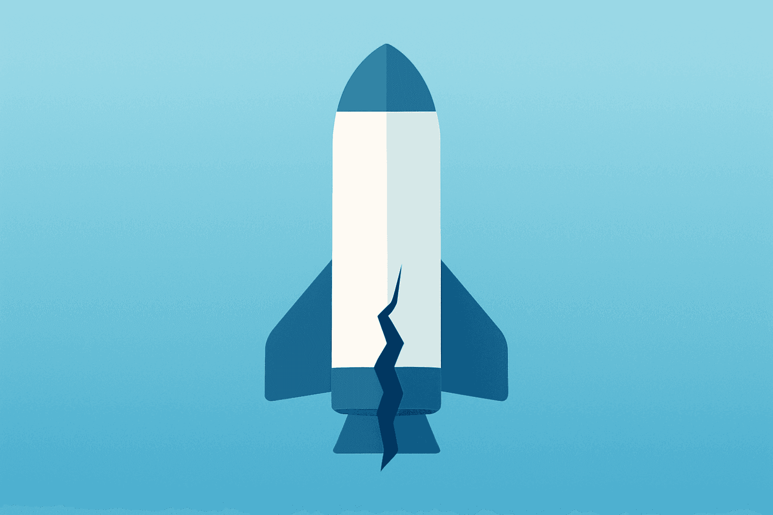 Flat filled vector of a rocket stage fused with a fractured booster symbolizing the SpaceX Starship V3 launch and IPO scrutiny