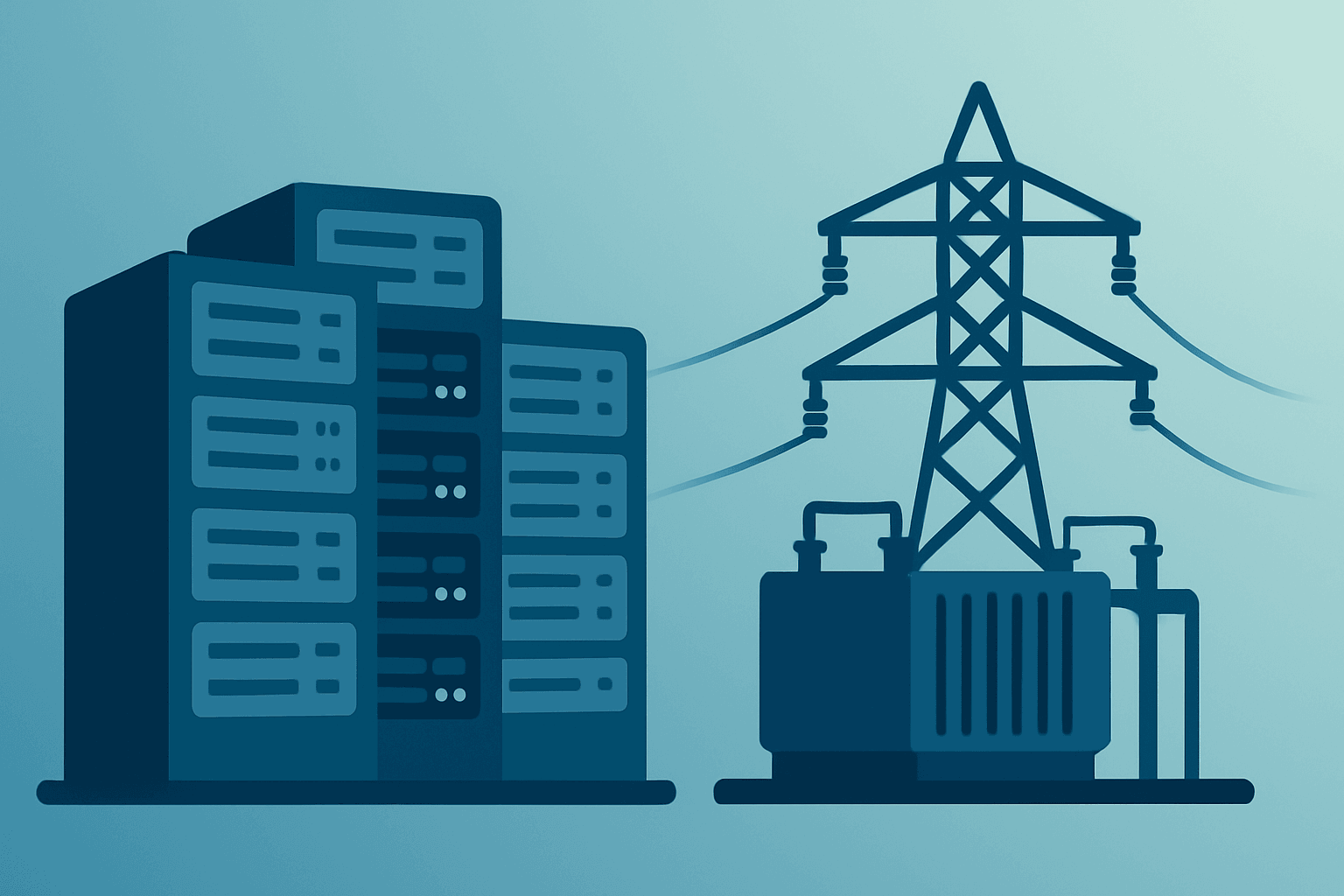 Flat vector cover of a server rack and substation symbolizing HIVE Paraguay AI GPUs validation and BUZZ HPC deal.