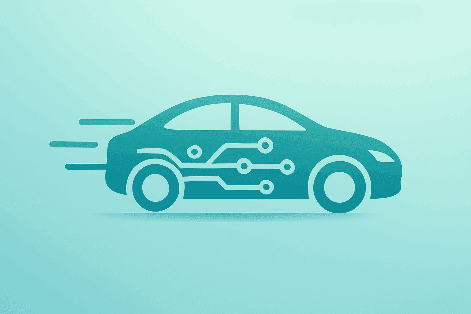 Flat vector car with embedded circuit motif symbolizing delivery surge and FSD delay tied to Tesla China Sales.