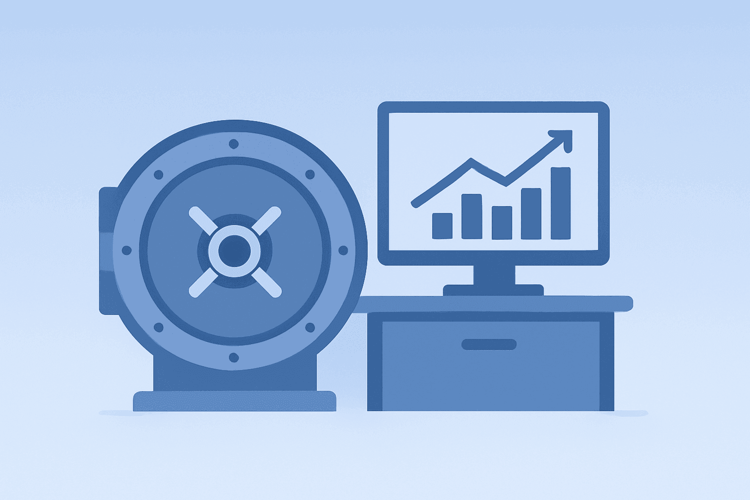 Flat filled vector of a bank vault merging with a trading-desk motif to symbolize Barclays H1 results and buyback.