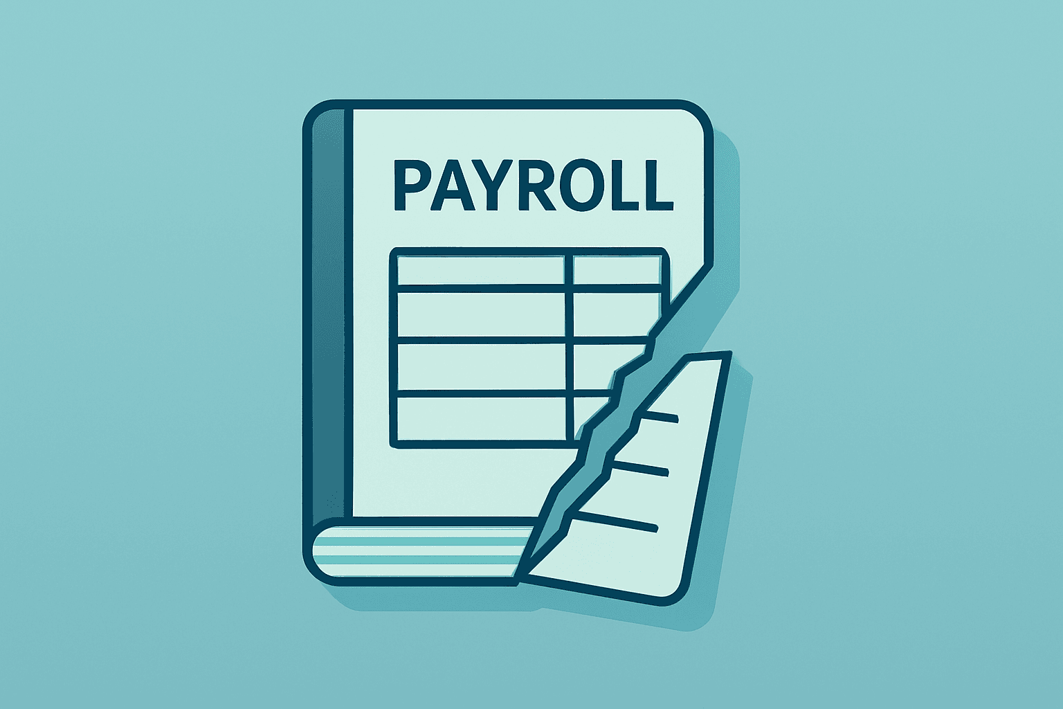 Flat filled vector of a broken payroll ledger and torn report page, symbolizing the November 2025 jobs report delay.