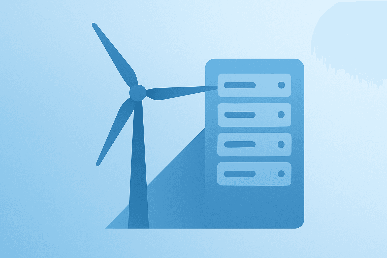 Flat vector of a utility turbine merging with a data center server showing the Meta Entergy Louisiana deal and grid buildout.
