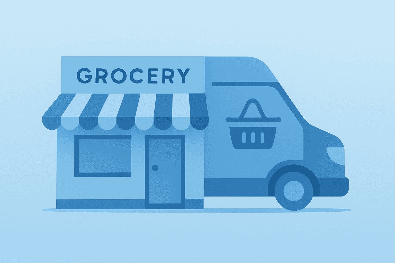 Flat vector of a shuttered small grocery transforming into a delivery van, illustrating Amazon Fresh store closures.