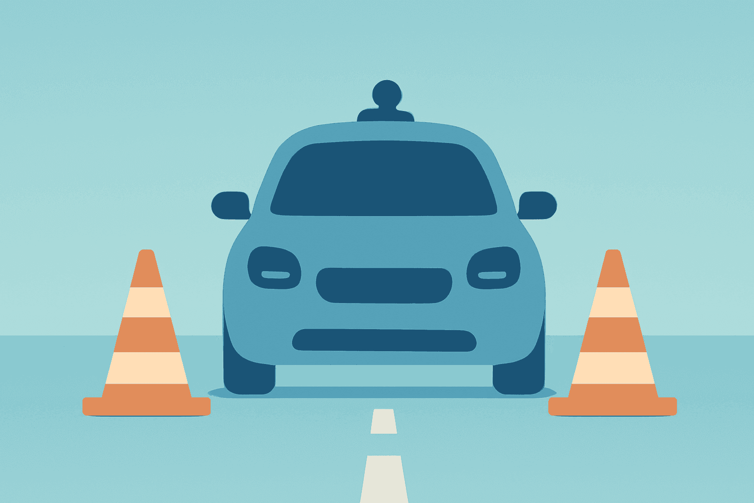Flat vector of a robotaxi blocked by cones on a closed freeway lane, illustrating the Waymo recall and OTA software fix.