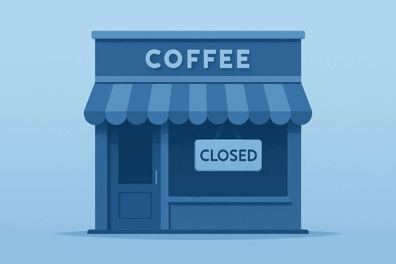 Flat vector of a coffeehouse facade dimming lights to represent Starbucks Store Closures and reduced store openings.