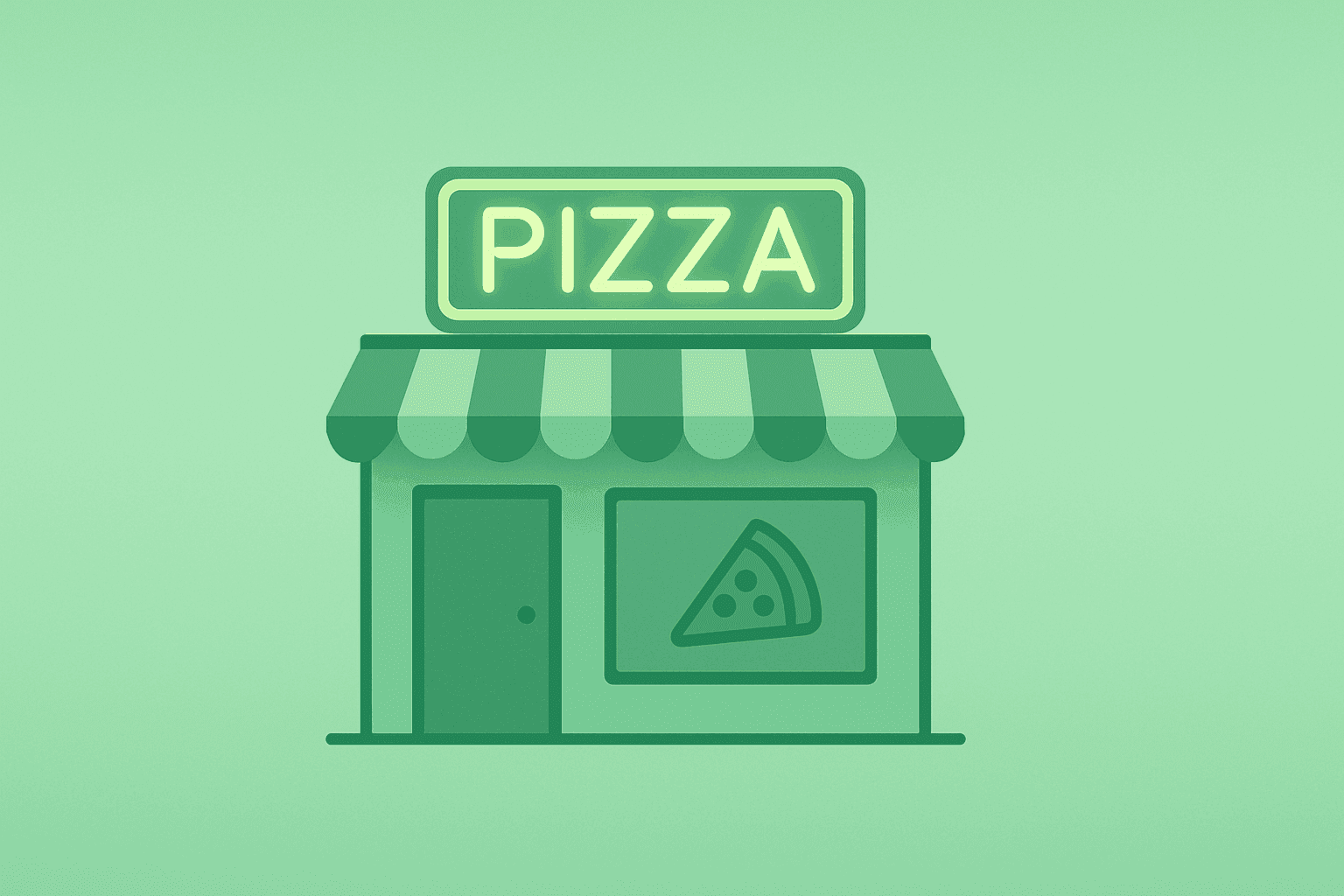 Flat filled vector of a pizza storefront dimming to represent Domino's Q1 2026 earnings miss and $1.0B buyback.