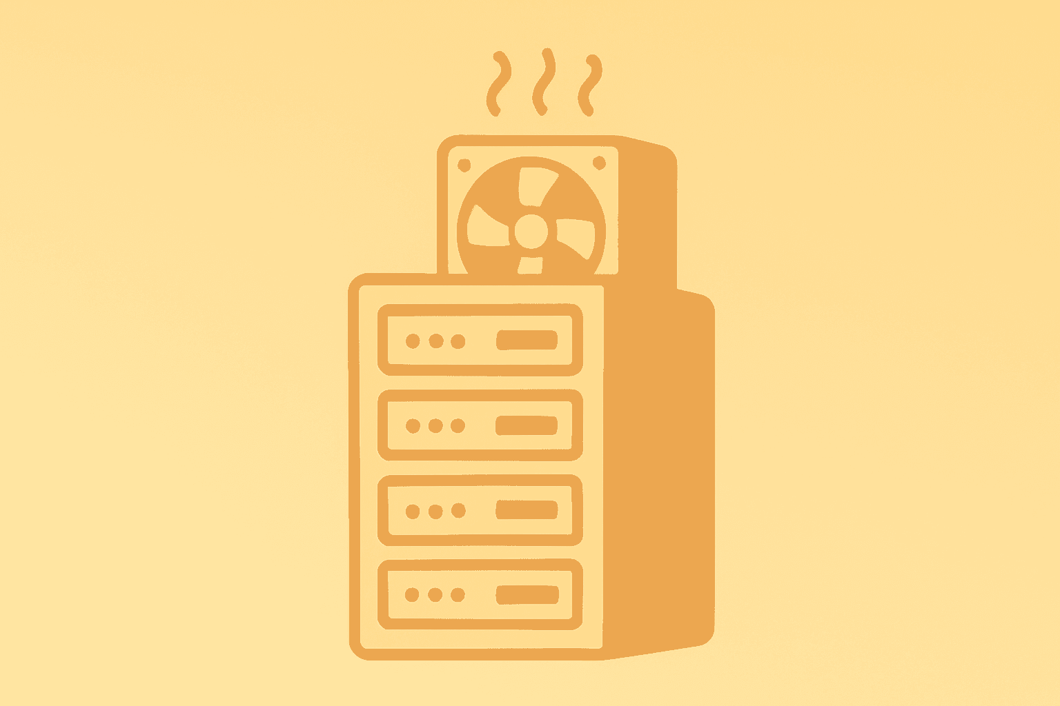 Flat vector server rack with malfunctioning cooling unit and soft warning glow representing the CME outage.