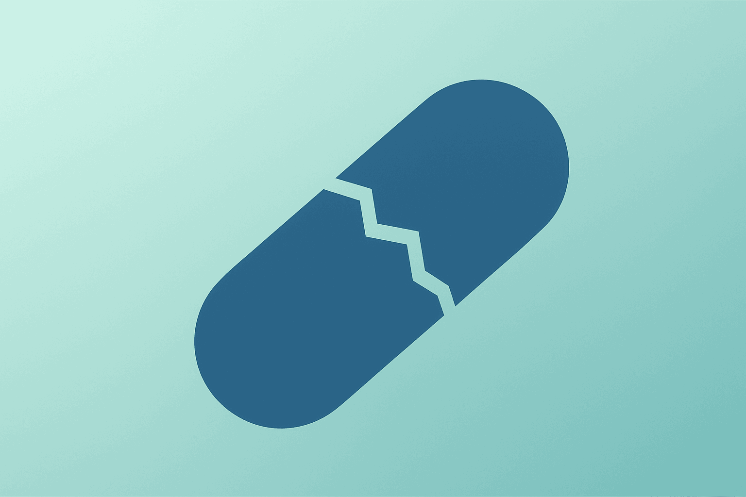 Flat filled vector of a fractured medicine capsule symbolizing regulatory scrutiny after AstraZeneca camizestrant FDA panel