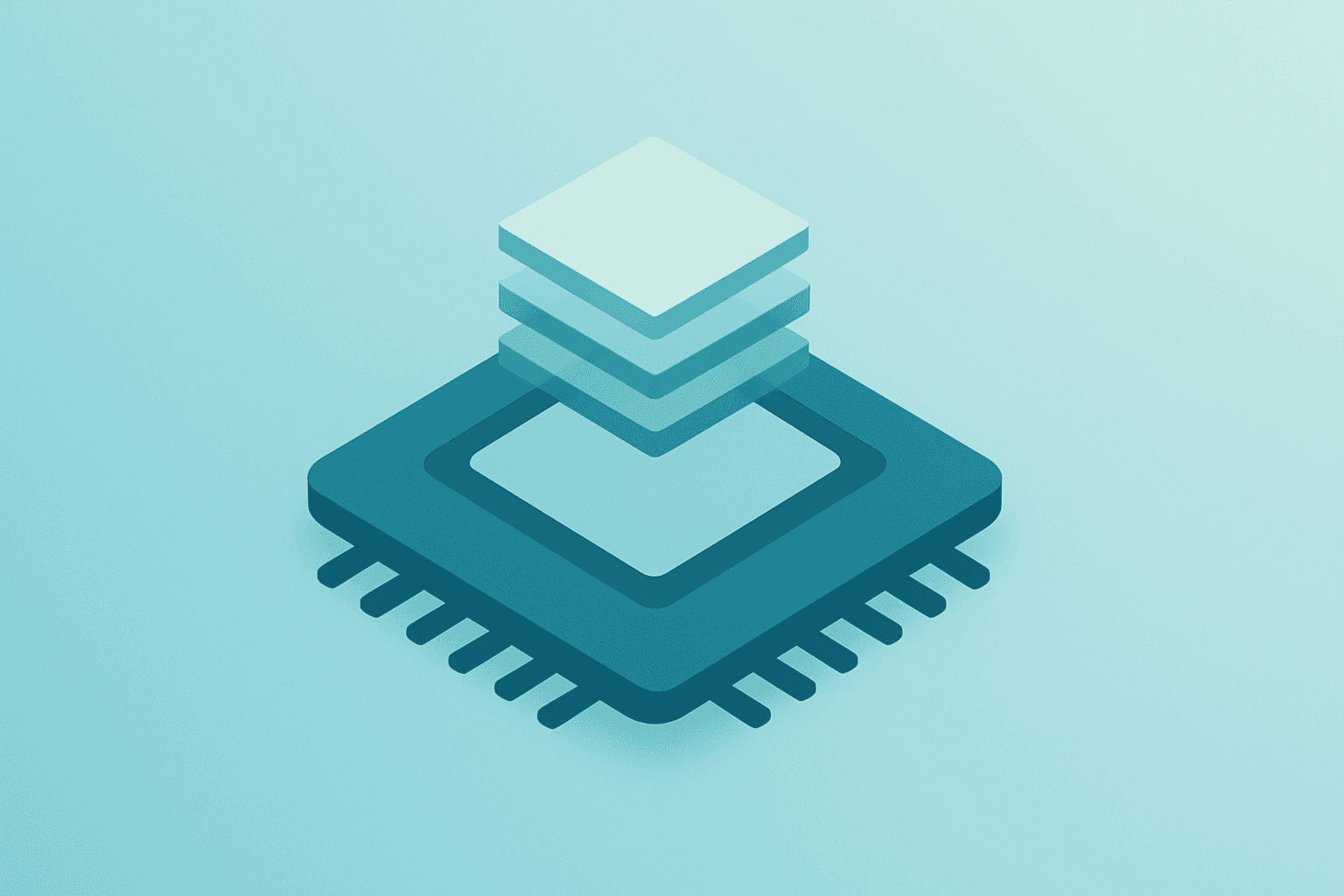 Flat filled vector of a server chip merging with stacked memory modules to illustrate Micron earnings pivot.