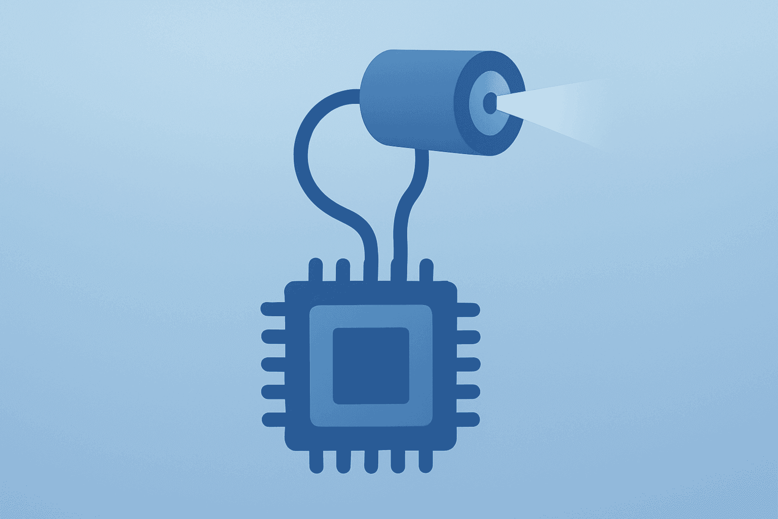 Flat vector cover of a silicon die sprouting an optical module to depict Marvell Q2 2027 earnings and AI data-center demand.
