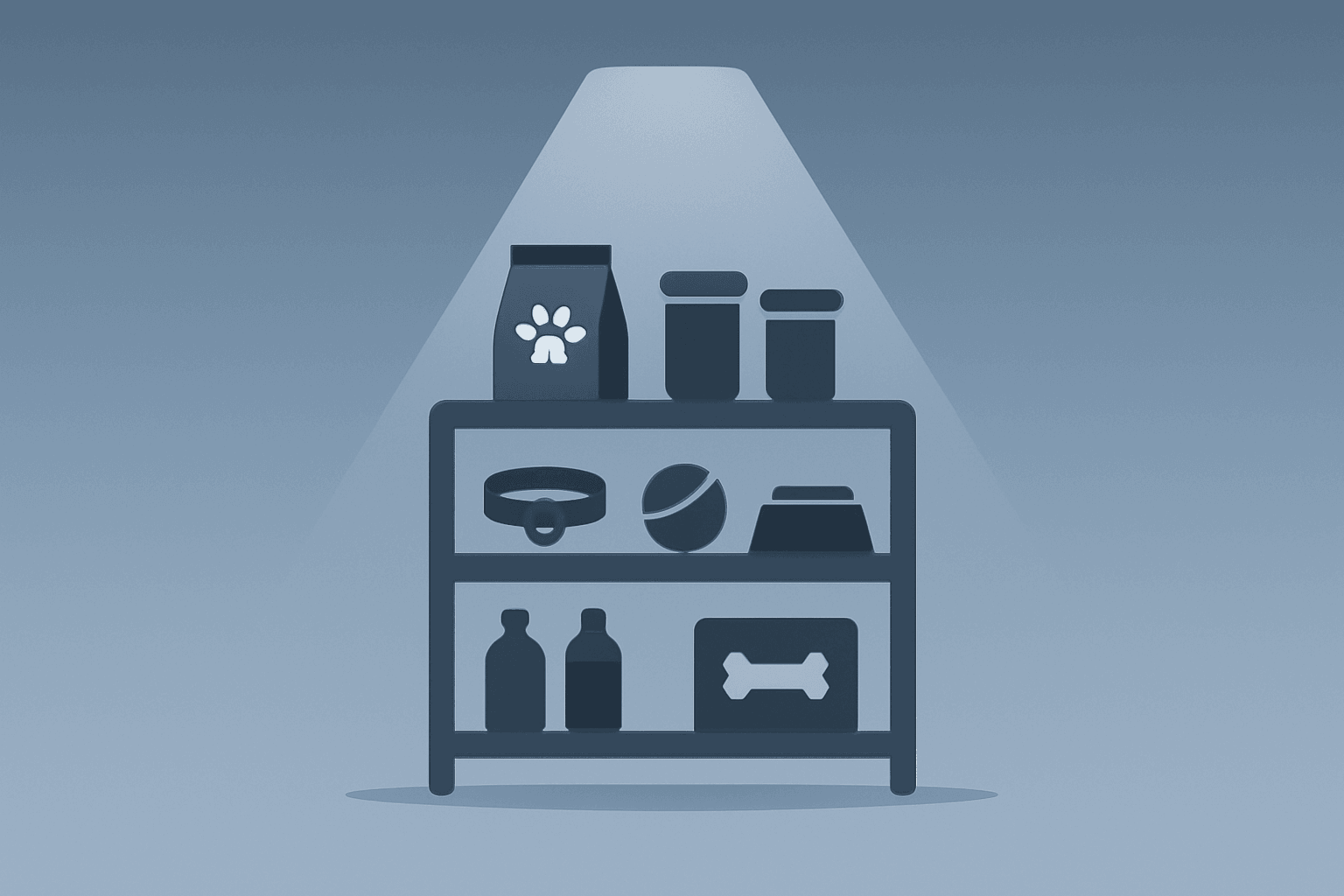 Flat vector pet-store shelf with a dimming spotlight, evoking Petco Q1 2026 earnings and pre-market selloff.