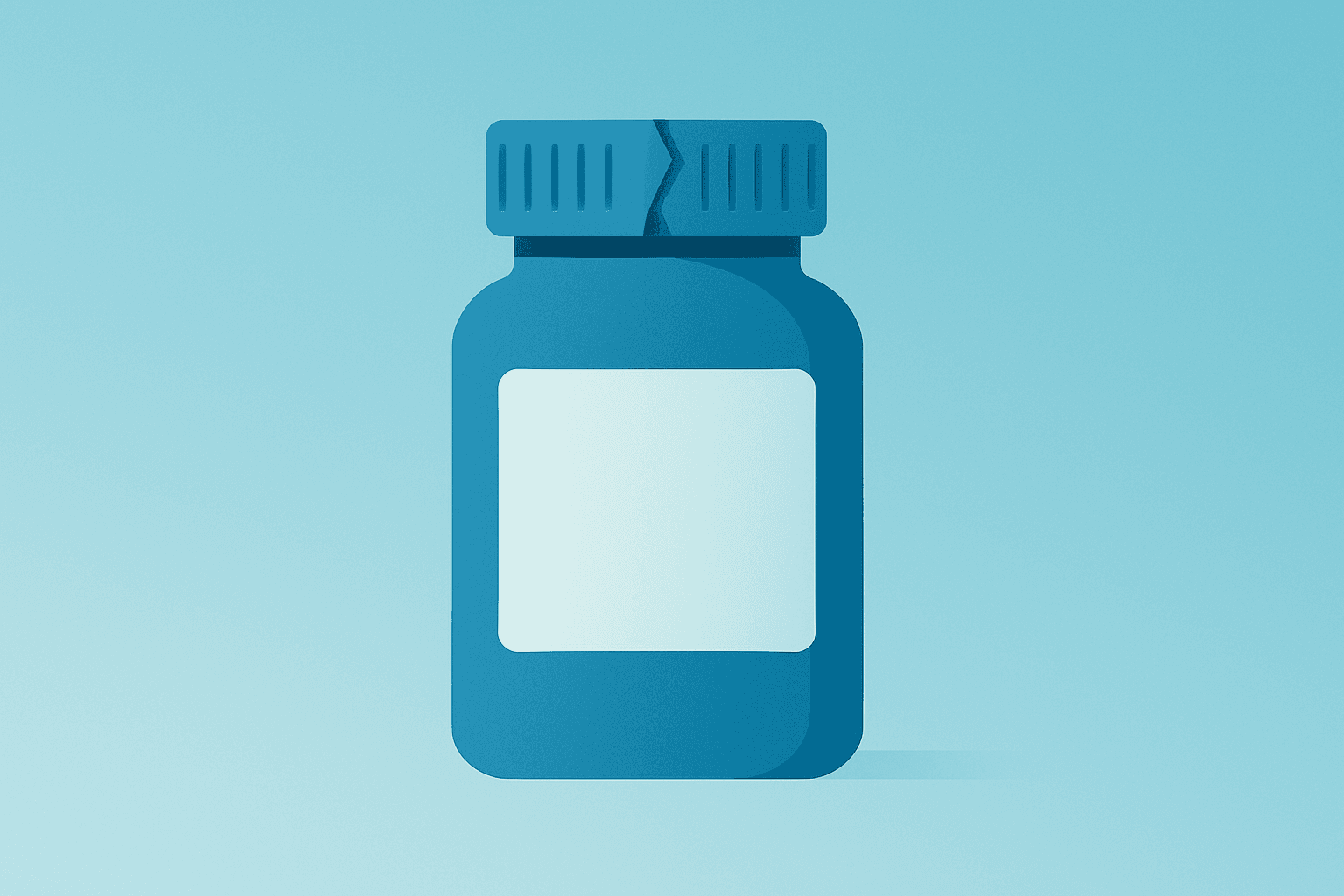 Flat vector pill bottle with cracked seal evoking Hims Halts Semaglutide Pill against a smooth violet-mist gradient.