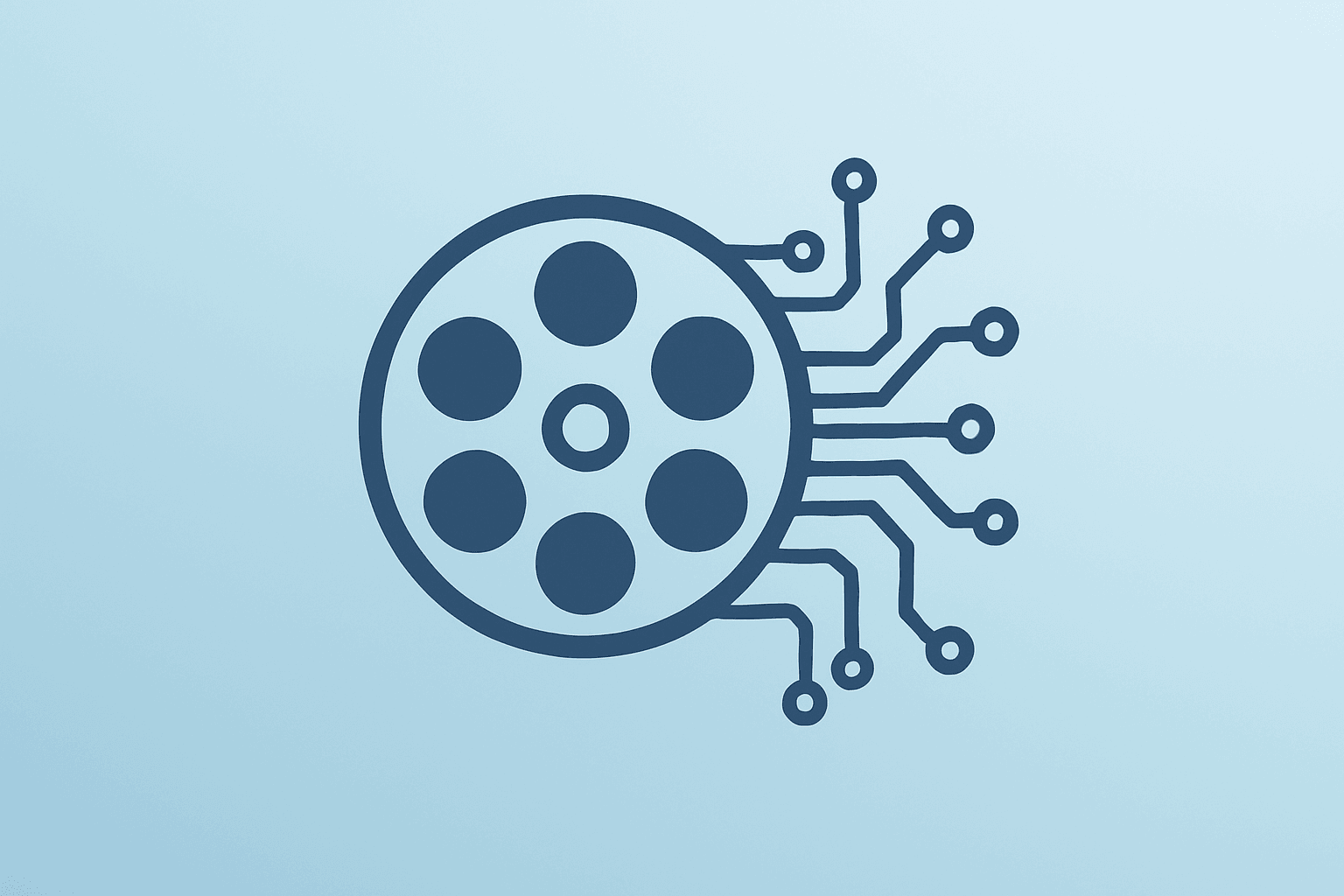 Flat vector of a film reel braided with AI circuitry representing Disney CTO leading enterprise AI modernization.