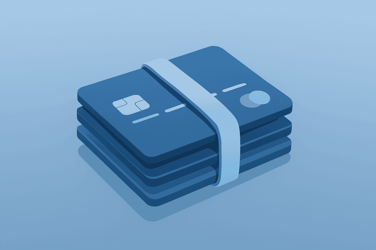 Flat-vector stacked credit cards bound by a tightening band, symbolizing American Express earnings and restructuring.