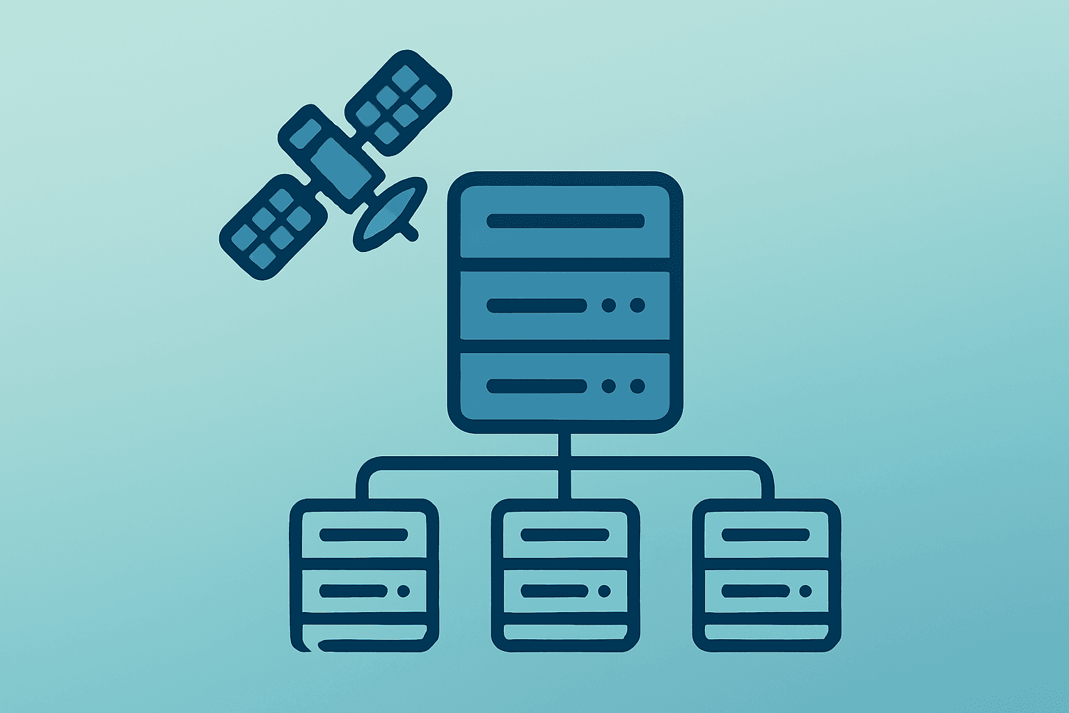 Flat vector of a command server merging with a scaling satellite array to symbolize the Palantir Maven Program of Record