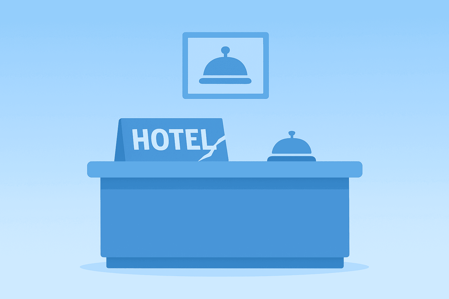Flat vector hotel icon with a fractured facade and shadow lift symbolizing Hilton stock reputational risk.