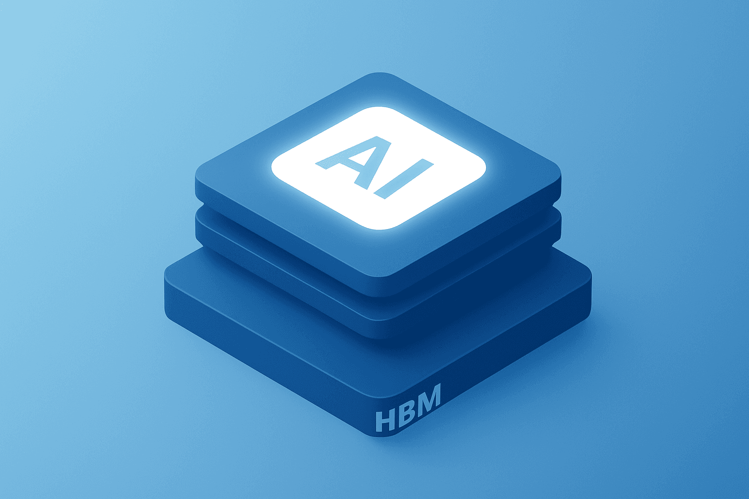 Flat vector of a stacked HBM chip with a glowing AI core symbolizing SK hynix earnings and U.S. packaging expansion.
