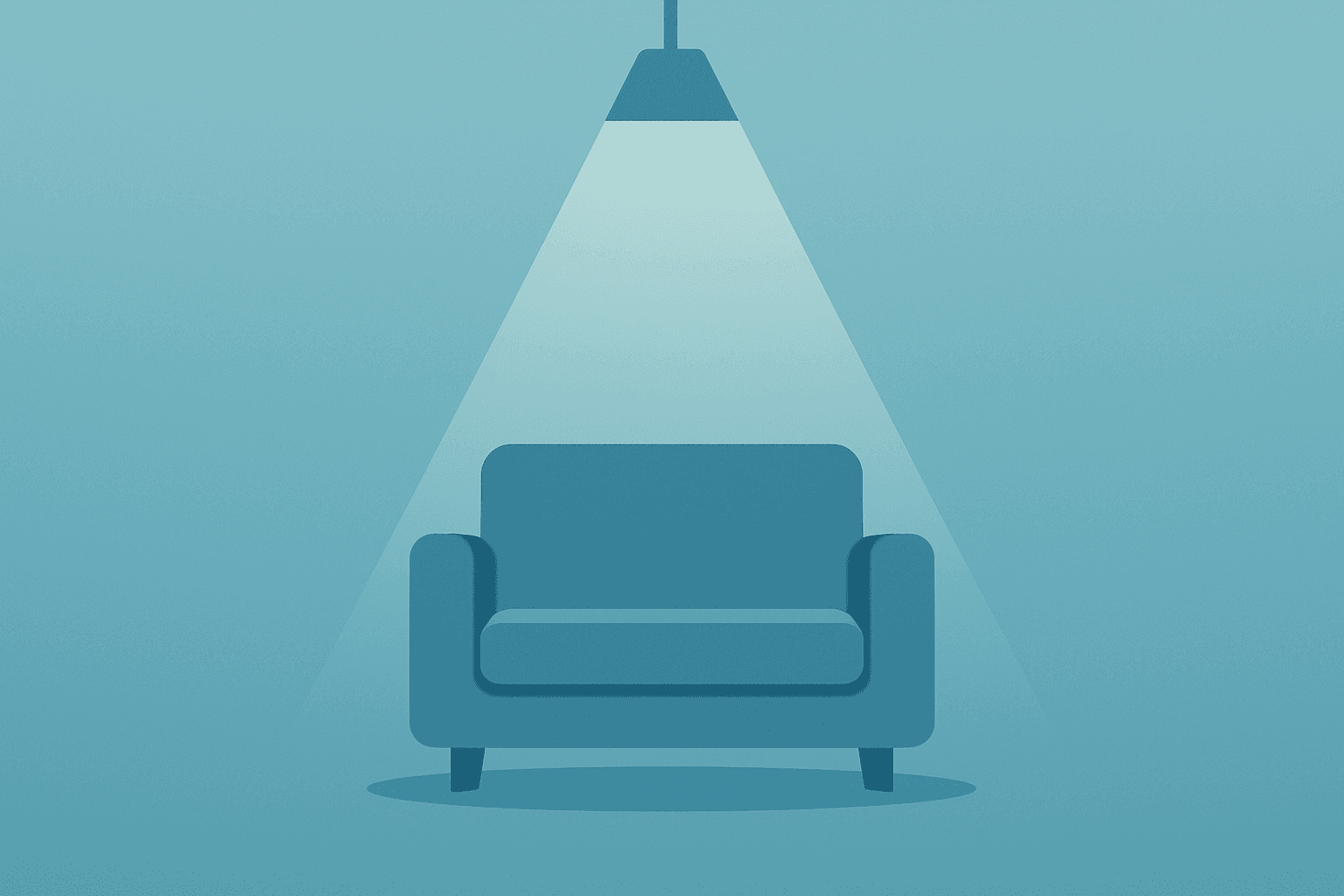 Flat vector of a showroom sofa under a dimming spotlight evoking Bob's Discount Furniture IPO, debt paydown and Bain control.
