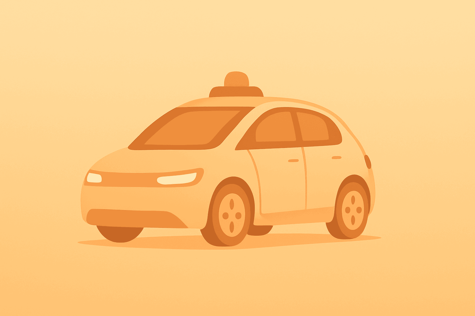 Flat vector two-seat robotaxi representing Tesla Cybercab launch on amber-sand gradient with subtle shadow lift.