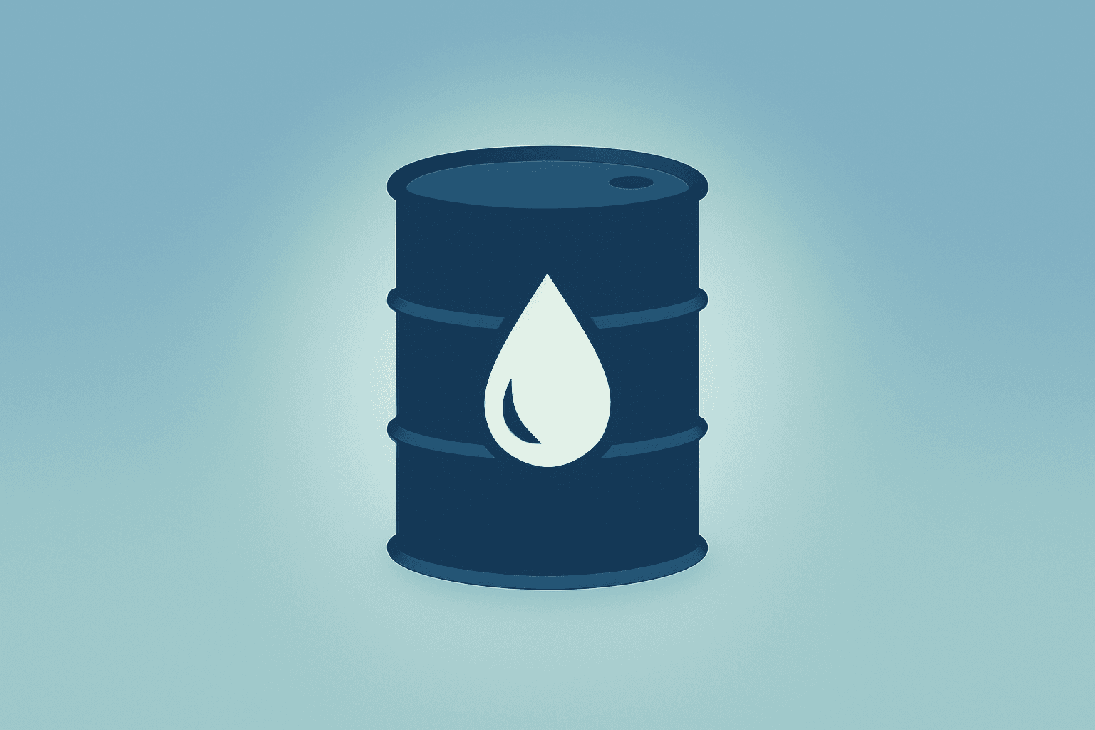 Flat filled vector showing an oil barrel with a fading glow on an emerald-pearl gradient to symbolize oil prices plunge.