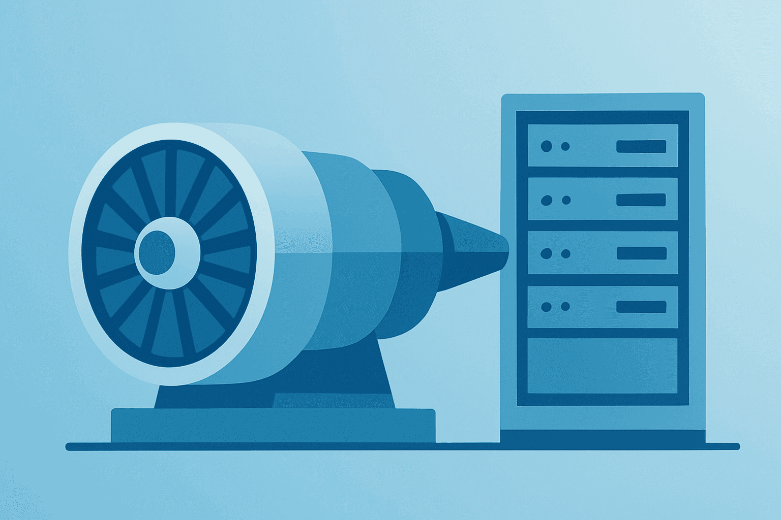 Flat vector of a gas turbine paired with a modular server bank representing the Chevron Microsoft power deal.