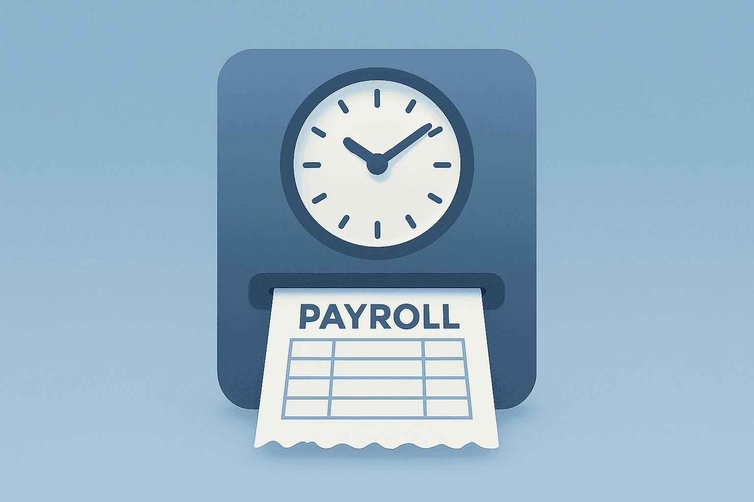 Flat filled vector of a dimming timeclock and frayed payroll ledger to represent the July jobs report and cooling labor.