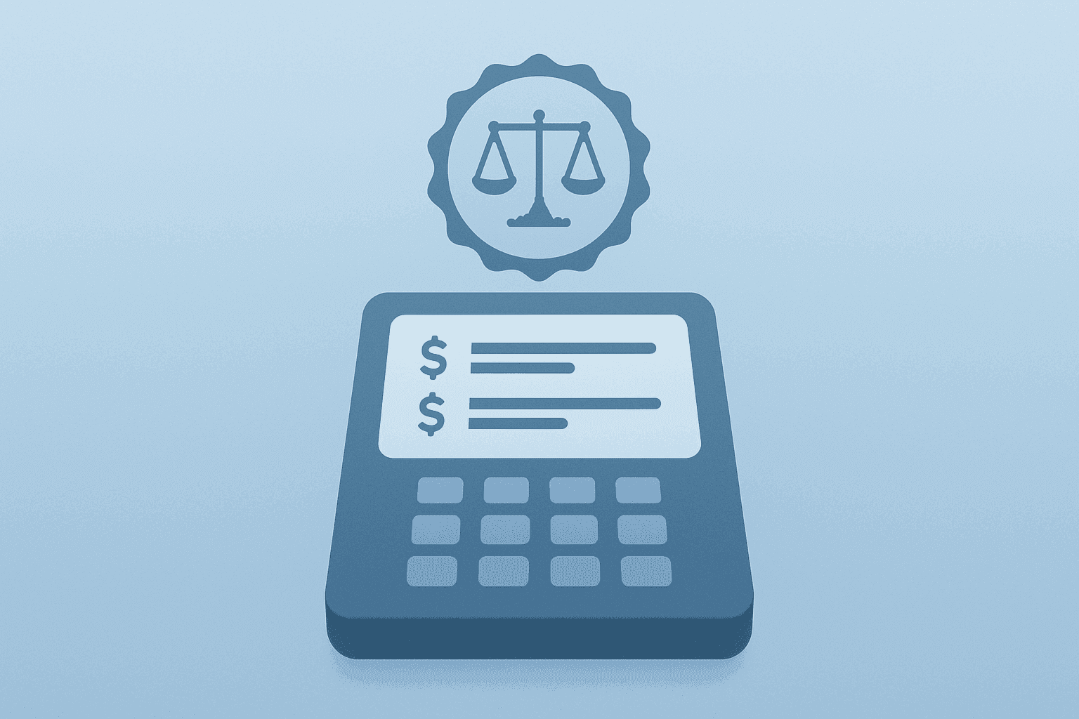 Flat vector price-comparison icon with a dim legal seal, representing the Klarna antitrust verdict and uncertainty.