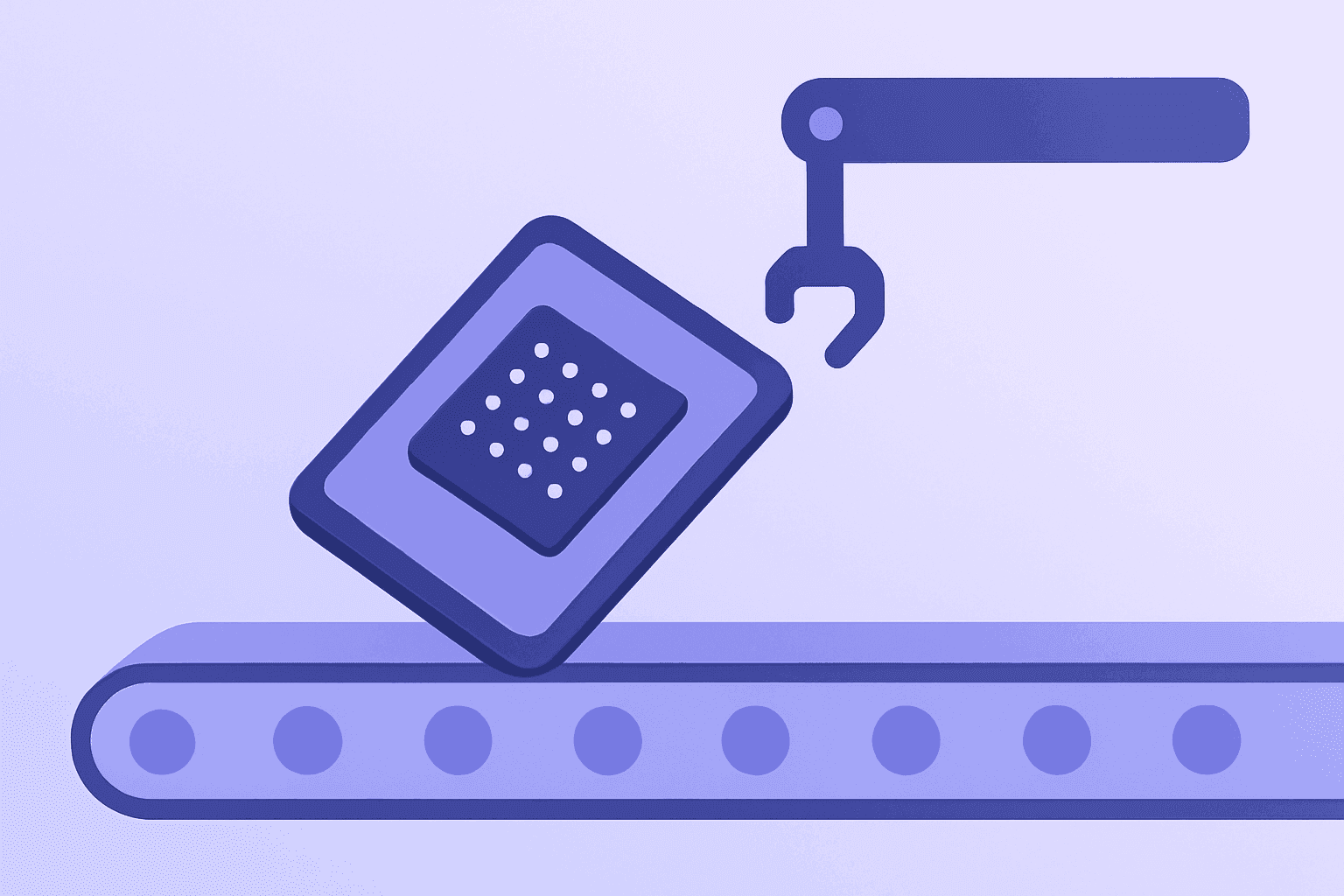 Flat vector of a smartphone chip and factory tooling on a smooth emerald-pearl gradient for OpenAI Qualcomm partnership.