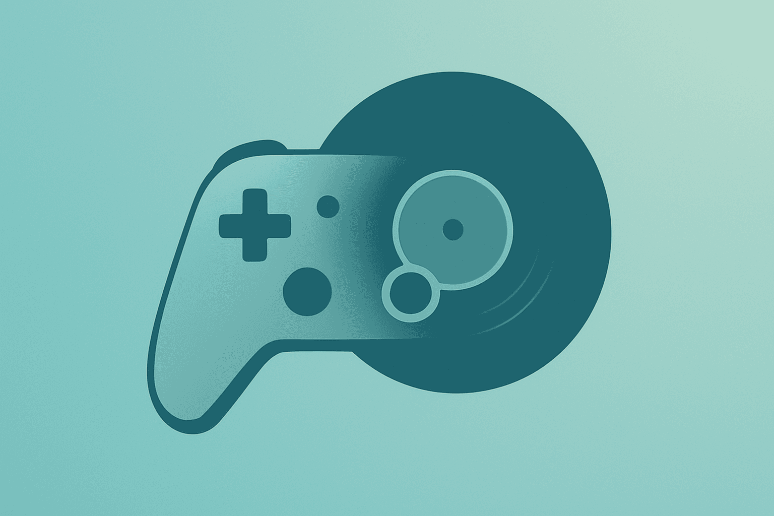 Flat filled vector of a game controller fused with a vinyl record symbolizing Sony earnings focus on games and music.