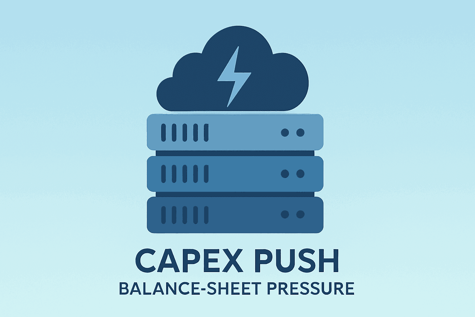 Flat filled vector of a server rack under strain symbolizing CoreWeave earnings capex and debt pressure with subtle shadow.