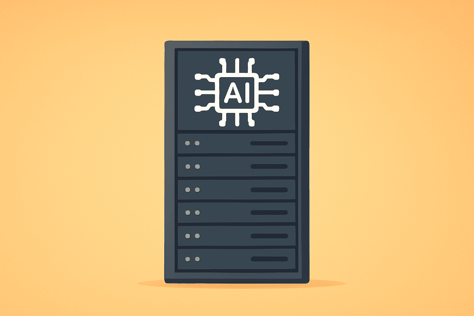 Centered flat-vector server tower symbolizing SoftBank sells Nvidia stake and redeployment into AI data centers and robotics.