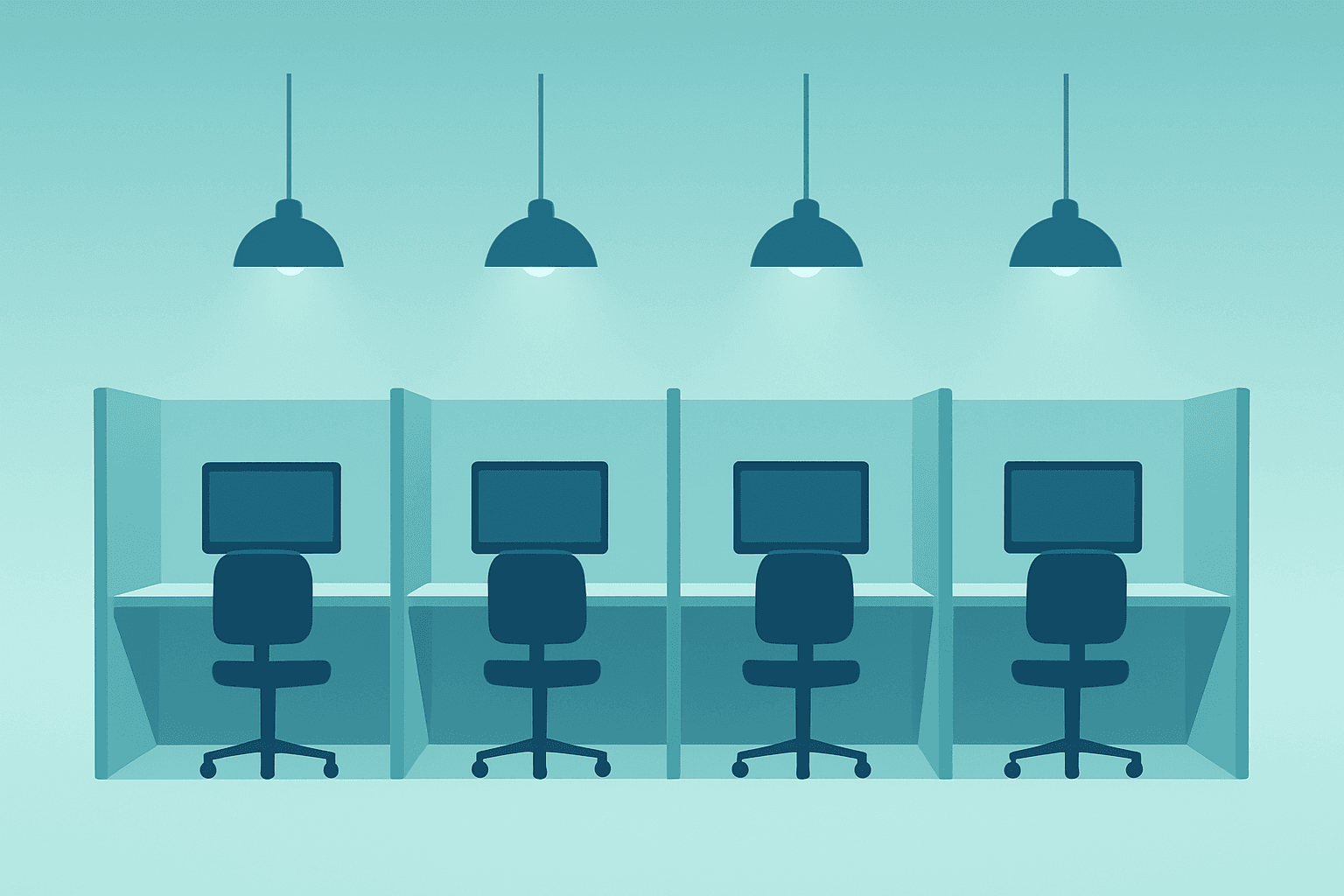 Flat-vector office cubicle row with fading lights representing Oracle layoffs and redirected funding for AI data centers.