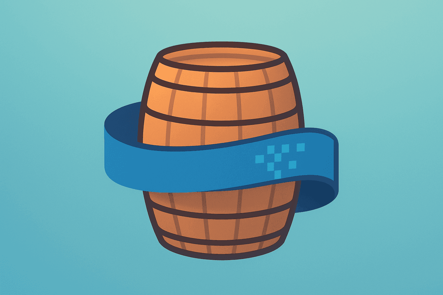 Flat vector beer barrel with woven digital band symbolizing AB InBev earnings, volume growth and digital expansion.
