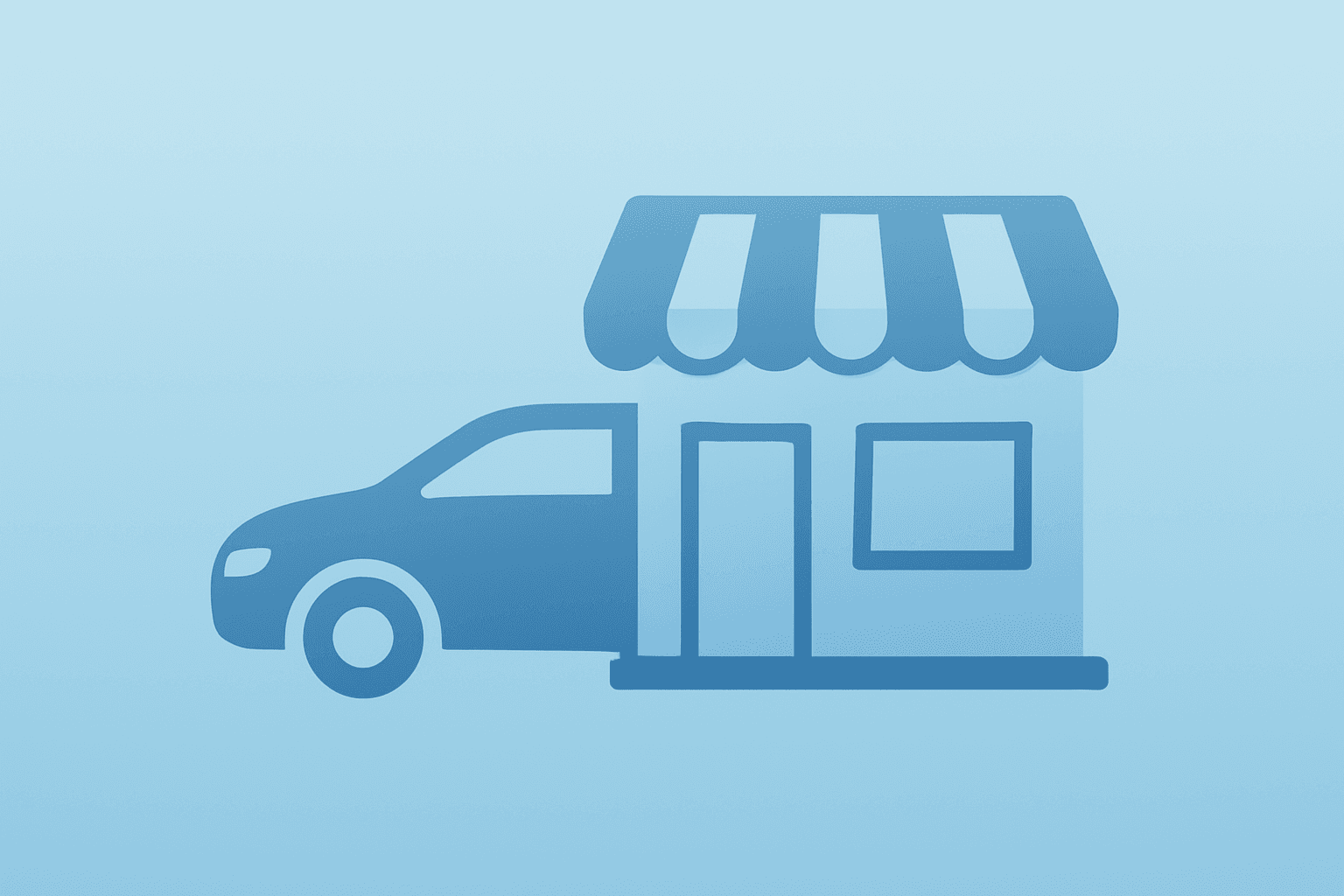 Flat-vector car merging with a storefront to symbolize the Ford Amazon Autos partnership and dealer pickup workflow.