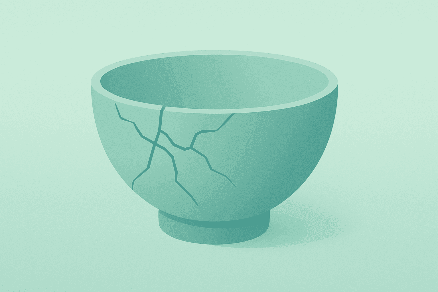 Flat vector cereal bowl with fractured glaze and muted glow symbolizing impairments and recovery for General Mills earnings.