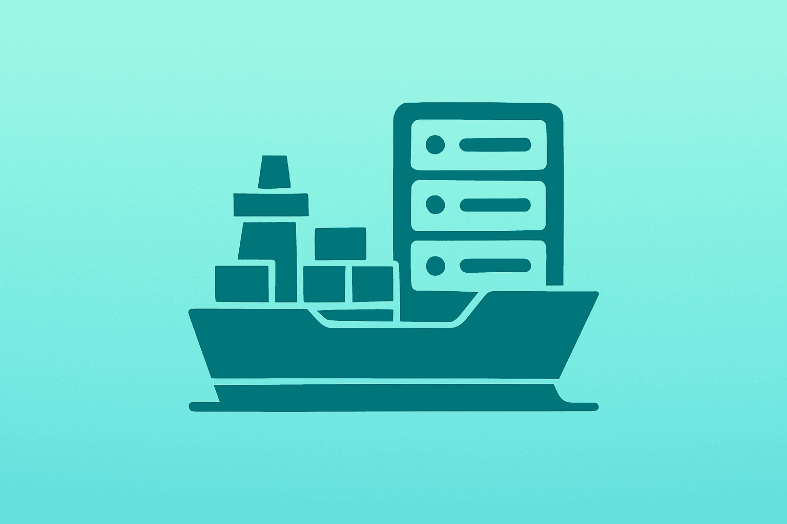 Flat vector of a cargo ship fused with a server core symbolizing computer-driven import surge and U.S. Trade Deficit 2025