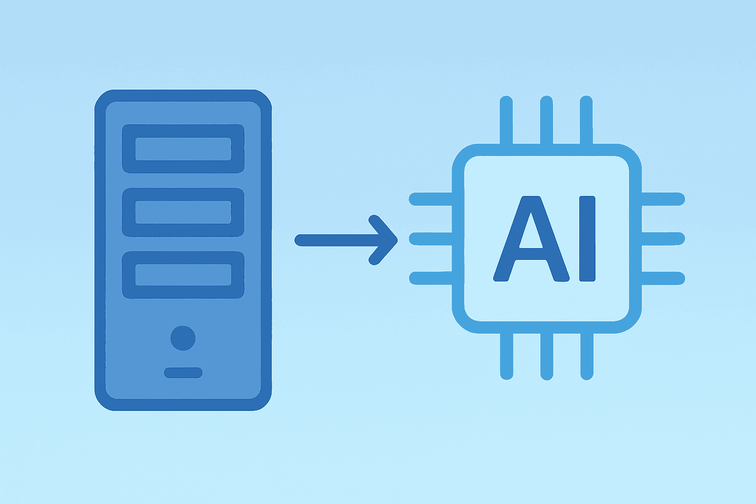 Flat filled vector of a server-style corporate node morphing toward an AI module to evoke Workday CEO change and AI focus.
