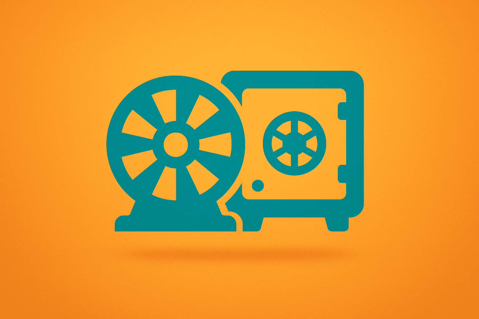 Flat-vector icon of an industrial turbine merged with a vault to symbolize Dow closes above 48,000 and sector rotation.
