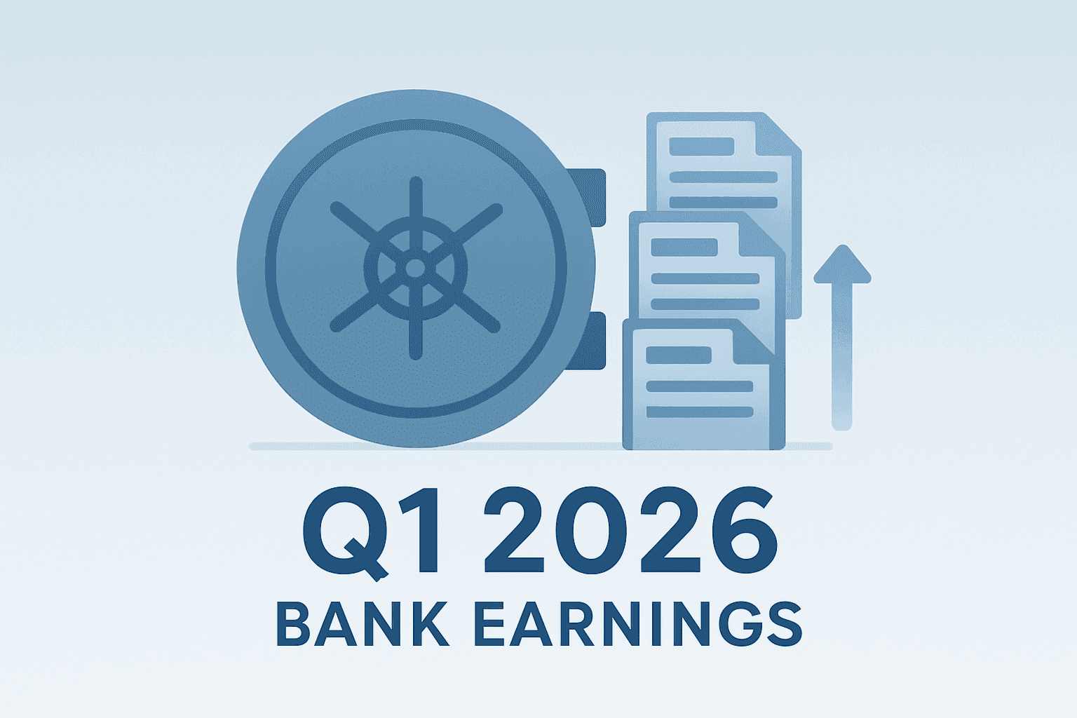 Flat filled vector of a regional bank vault shifting loan modules to signify Q1 2026 bank earnings and loan growth.