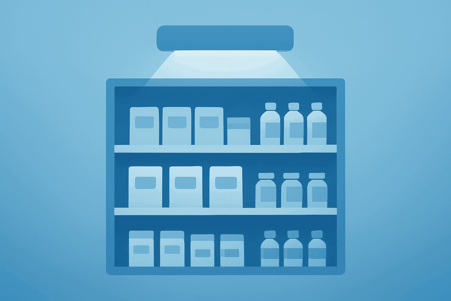 Flat vector of a dimmed supermarket shelf to symbolize Albertsons cuts forecast, IRA pharmacy headwinds and shopper pullback.