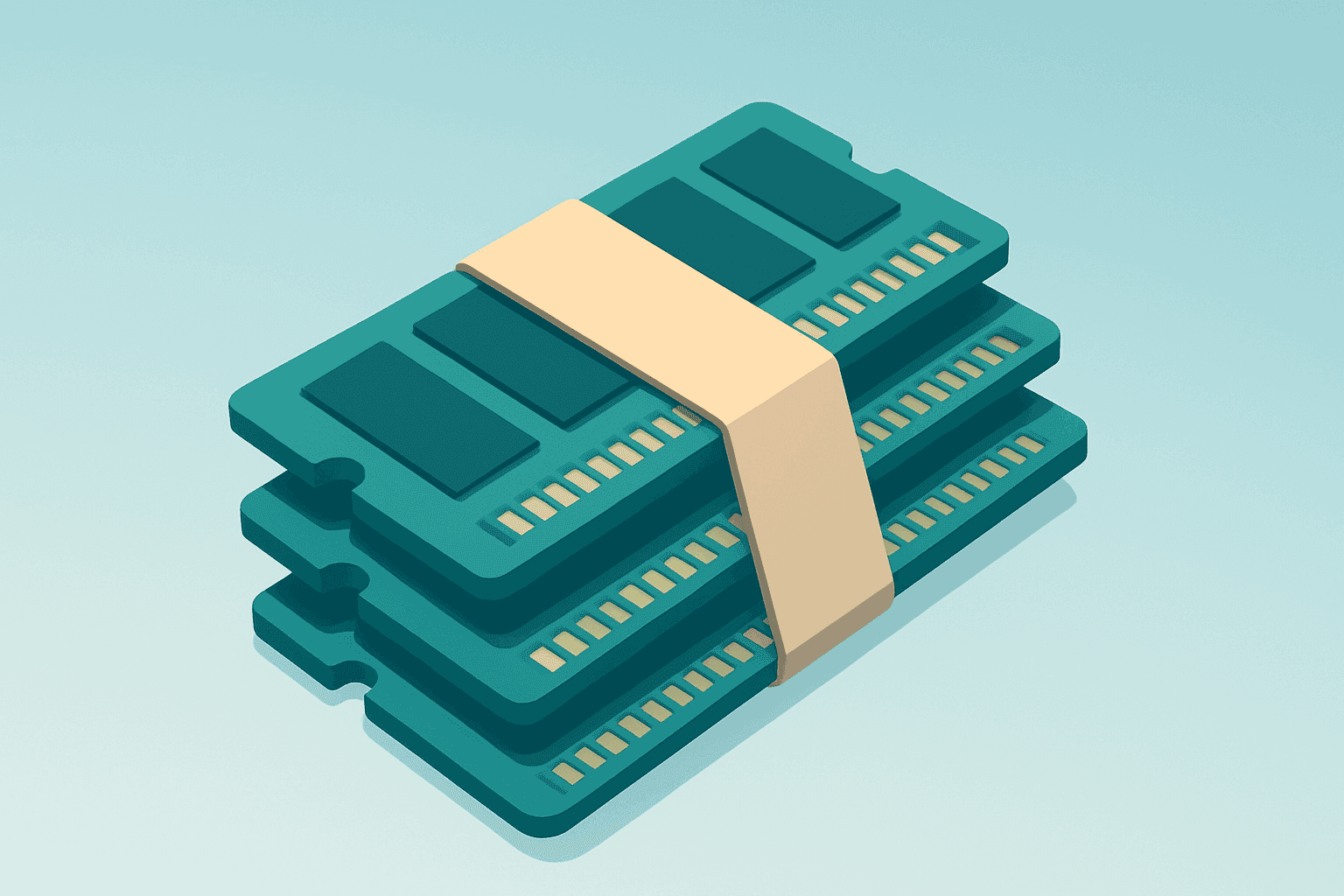 Flat filled vector showing a stacked memory module under constraint to symbolize tight memory supply and Micron stock risk.