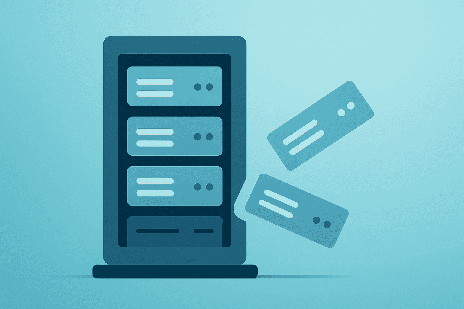Flat filled vector of a server split to symbolize Microsoft voluntary buyouts and compensation realignment.