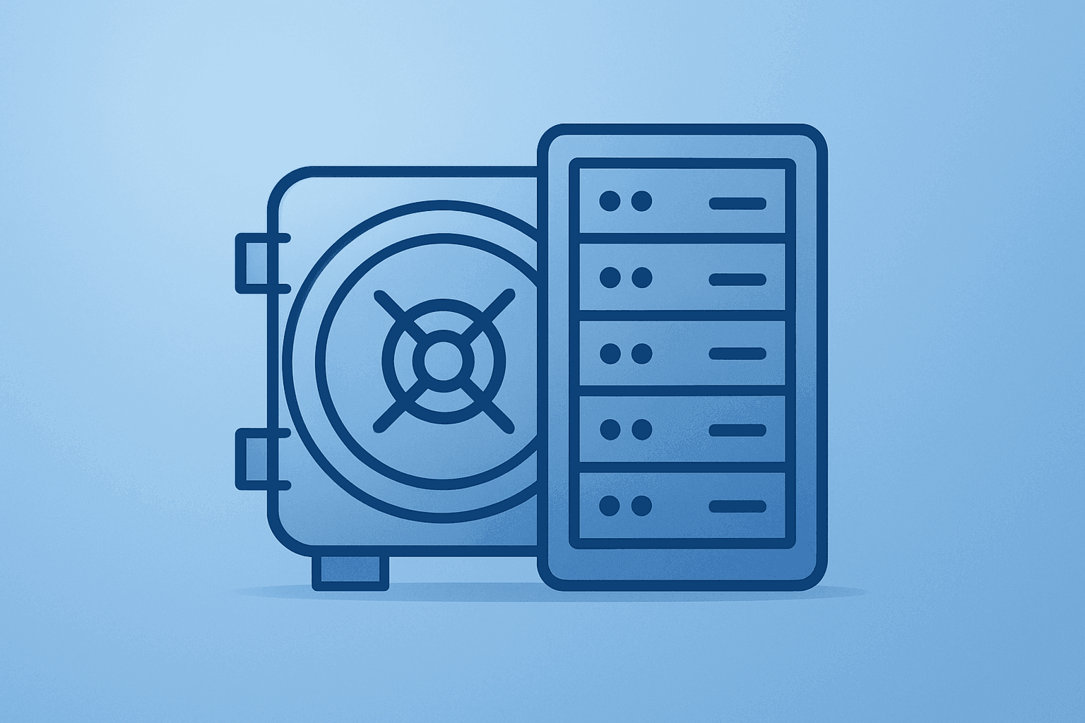 Flat vector of a bank vault merging with a stacked server motif to represent UBS buyback and integration progress.