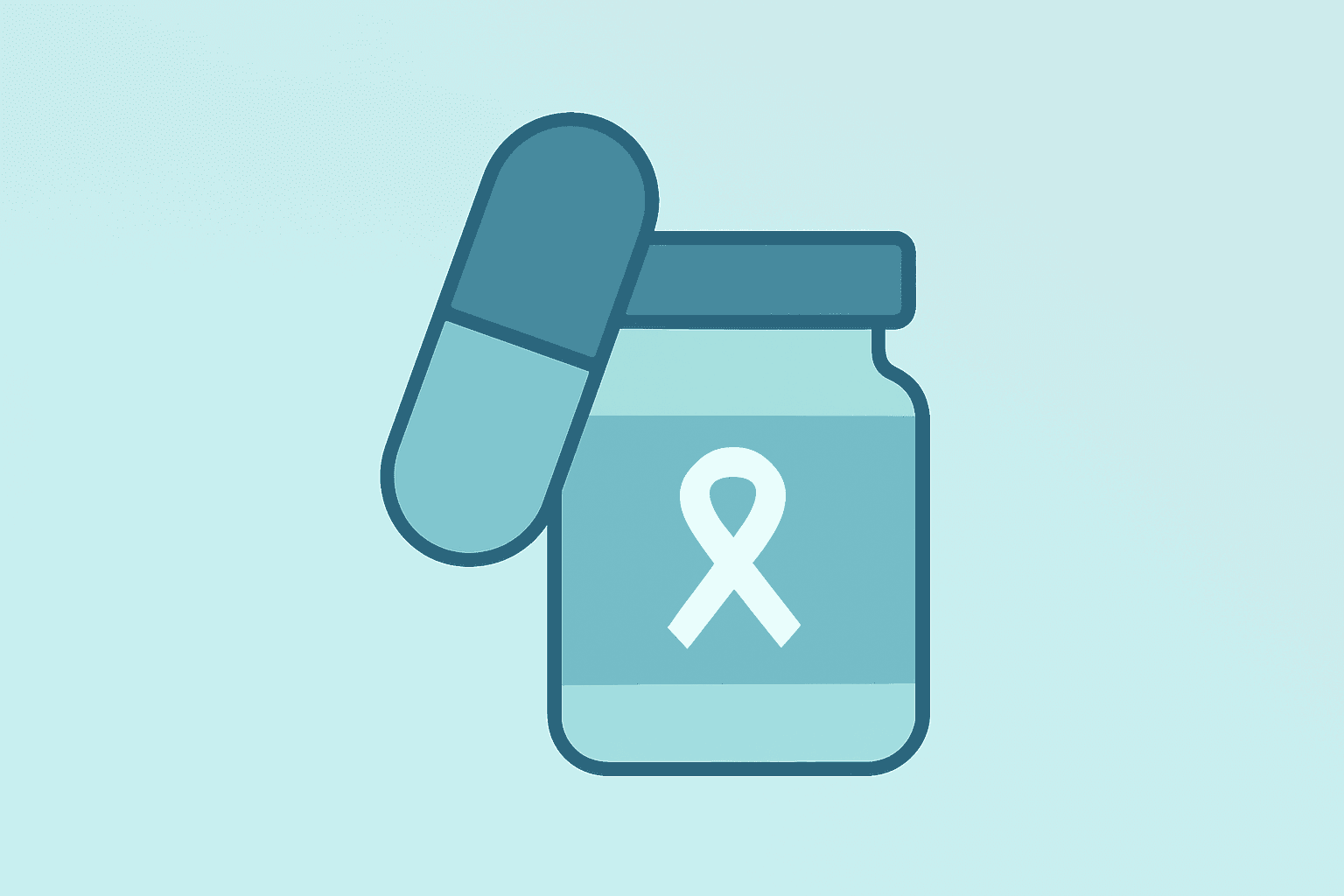 Flat vector of a medical tablet merging with a prescription bottle to symbolize Revolution Medicines FDA approval and launch.