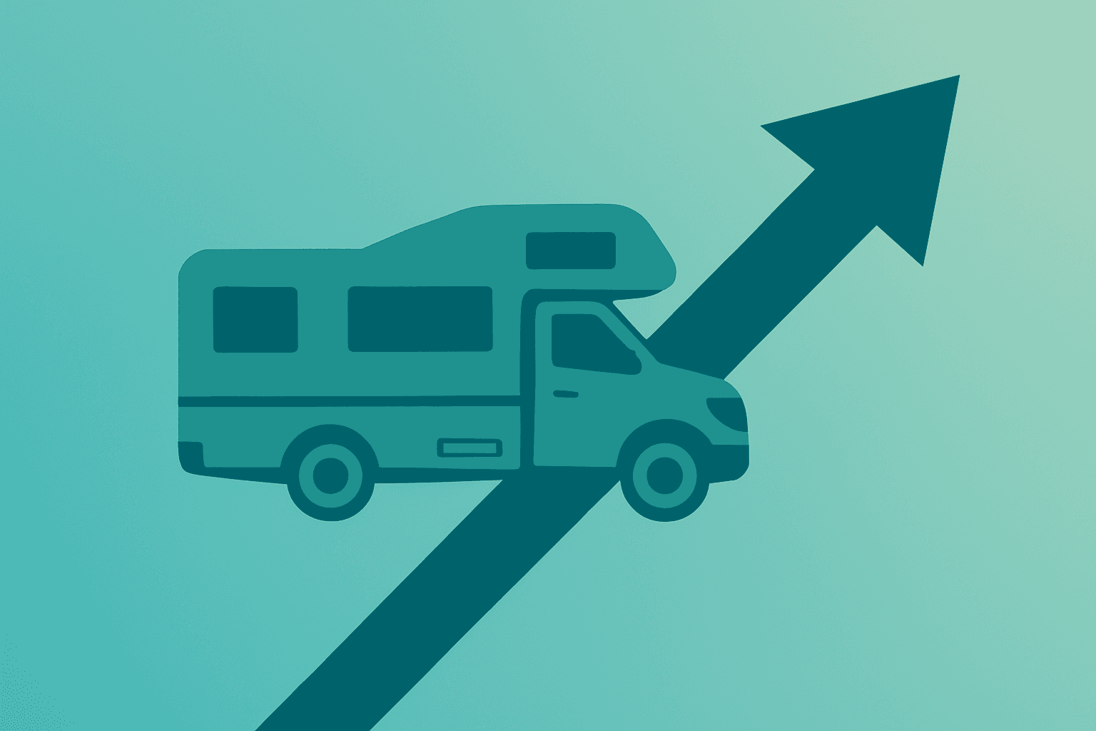 Flat filled vector of a motorhome with a lifted hull motif symbolizing Winnebago earnings beat and raised guidance.