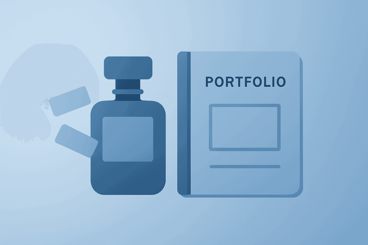 Flat vector of a perfume bottle shedding labels beside a portfolio ledger to symbolize Coty Q4 Results and FY27 transition.