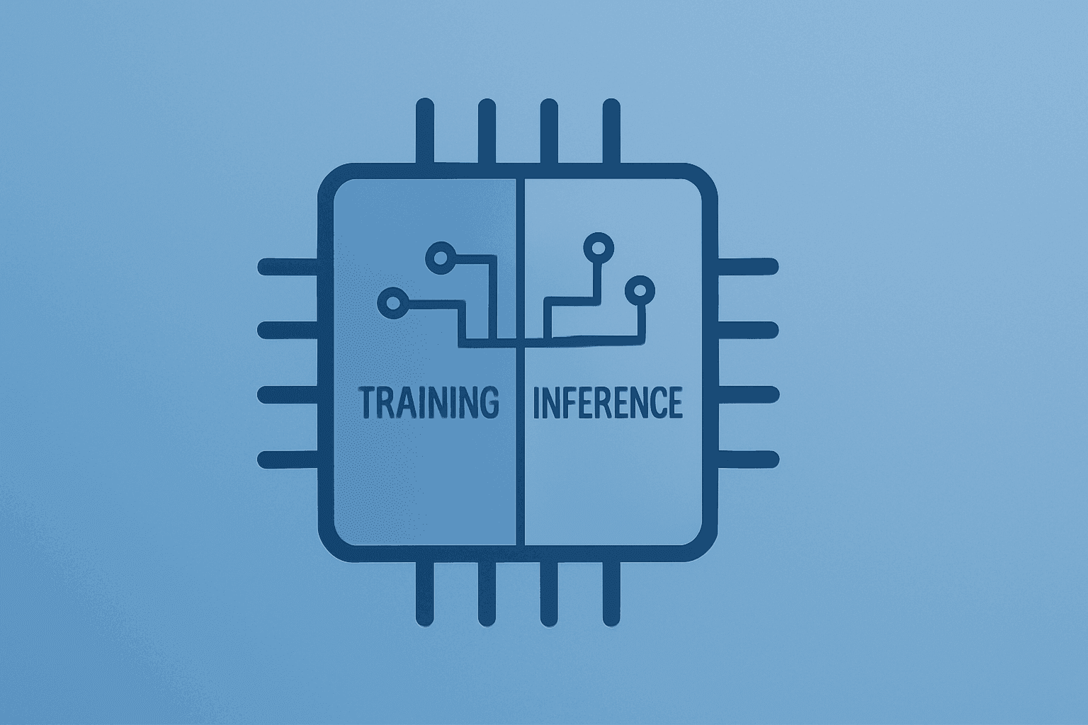 Flat vector of a server chip split into training and inference halves to symbolize Google Cloud TPUs challenging Nvidia.