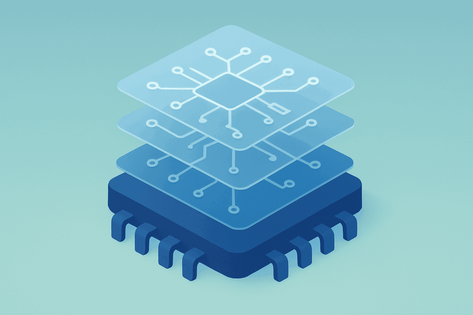 Flat vector of a centered chip module expanding circuits to show data connectivity and warrant themes, Marvell earnings.